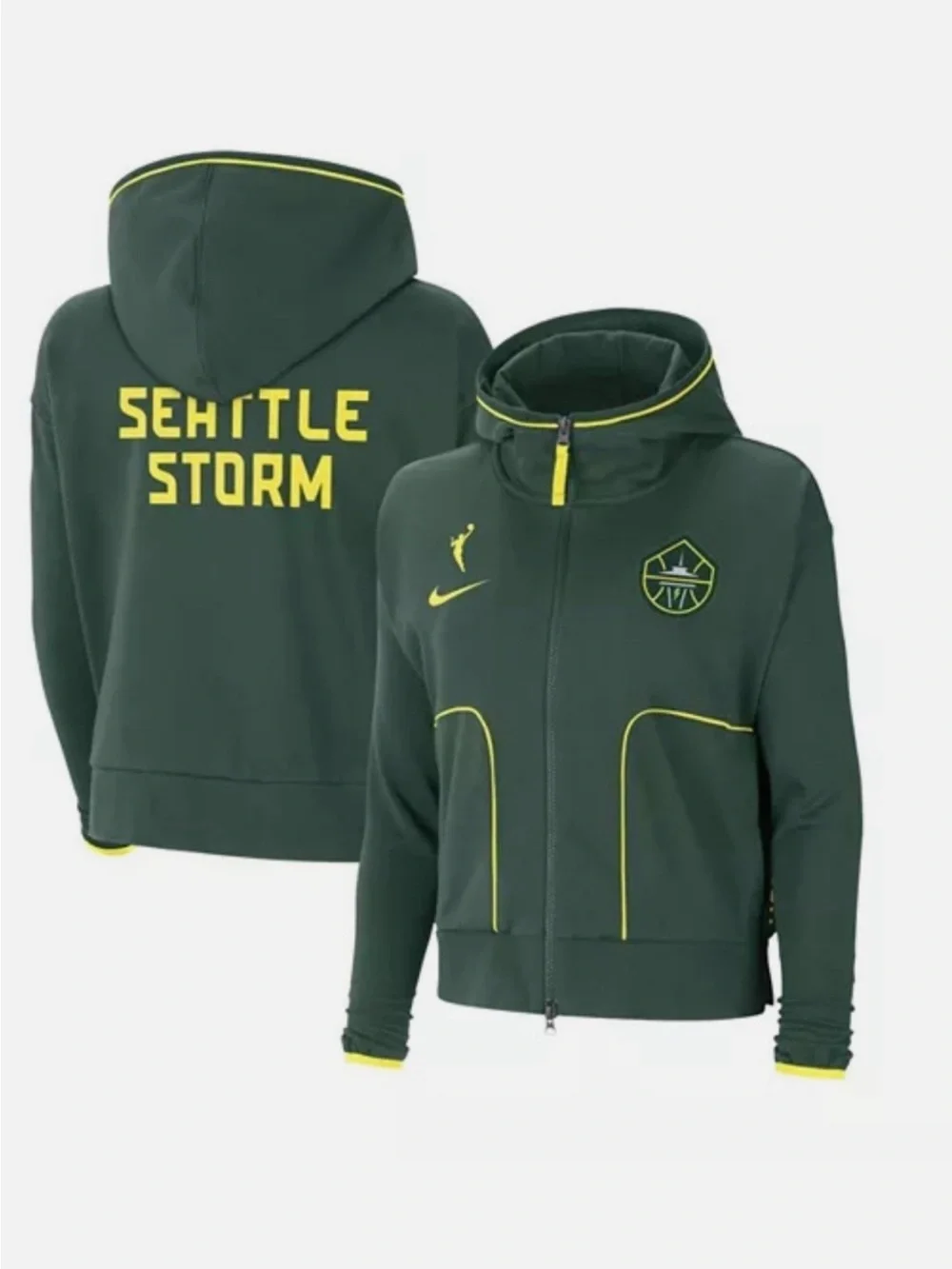 Nike Women's Seattle Storm Dark Green Hooded Varsity Jacket with Yellow Trim